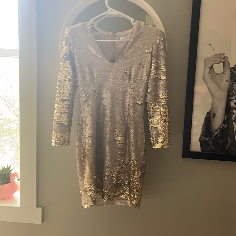 ASTR reverse sequence gold dress